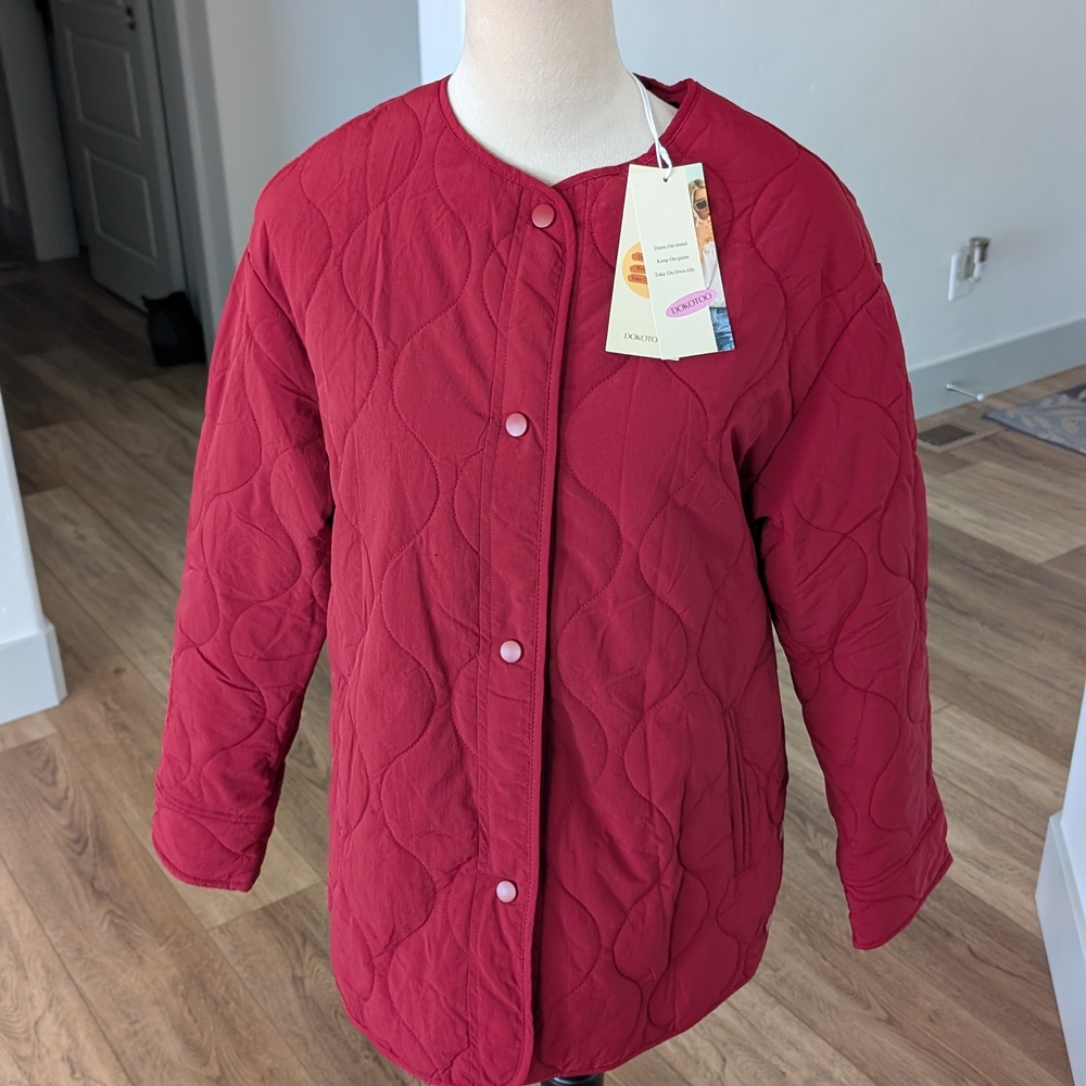 Quilted Button-Front Utility Jacket - Red - Picture 9 of 12